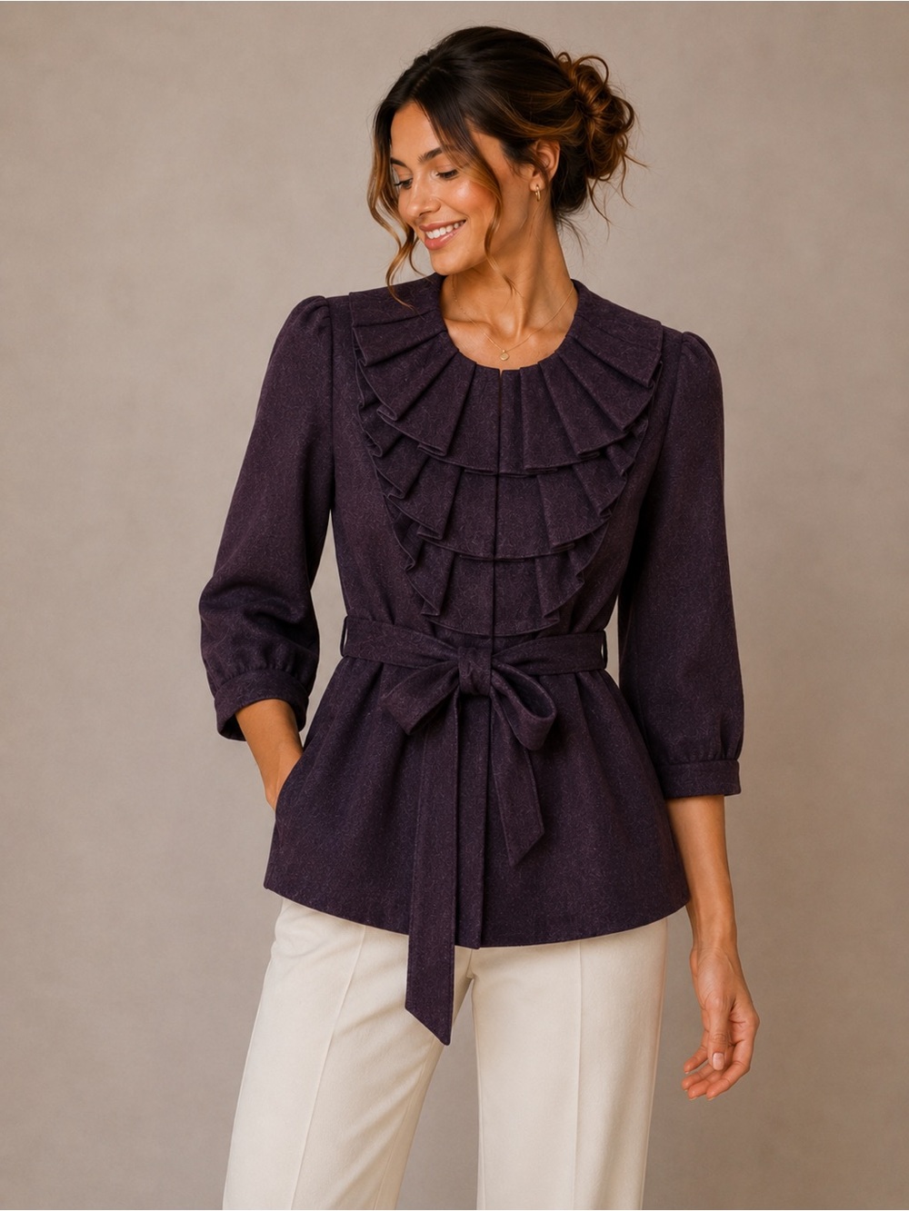 Tabitha Deep Plum Ruffle Peplum Tie-Waist Blouse